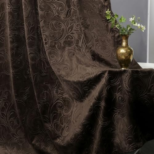 IRONDELIC 2er Set Samtvorhang Kräuselband Blumen Muster H260xB132CM, Braun Luxus Verdunkelung Samt 3-in-1 Aufhängung Thermovorhang Kälteschutz für Wohnzimmer Schlafzimmer, 260gsm Blickdicht Gardinen