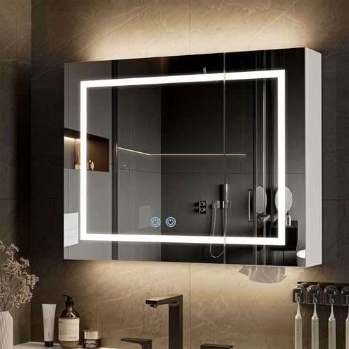 Belandi LED Bathroom Cabinet with Mirror, 80 x 62 cm Medicine Mirror Cabinet with 3-Color LED Lights, Defogger, Dimmer, 3-Adjustable Shelves Storage Cabinet with Vertical Backlight, 2 Door, White