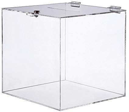 Spendenbox aus Acryl abschließbar / 300 x 300 mm/Acrylbox/Losbox/Einwurfbox/Aktionsbox/mit 2 Scharnieren und Schlüsseln
