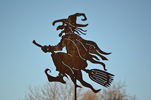 SAR Gartenstecker Hexe auf Besen- Gesamthöhe 120 cm- für den Garten, stabile Ausführung, Metall mit Edelrost, frostsicher
