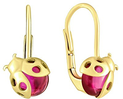 SILVEGO Mädchen Ohrringe aus Gelbgold 14 Karat (585) Marienkäfer mit synthetischem Rubin