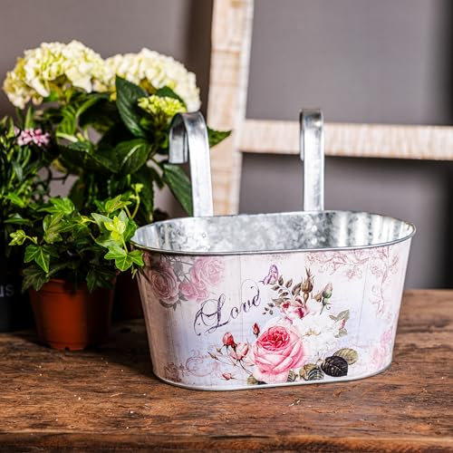 DARO DEKO Metall Hängetopf mit 2 Henkeln - 23cm x 11cm Rosen 1 Stück