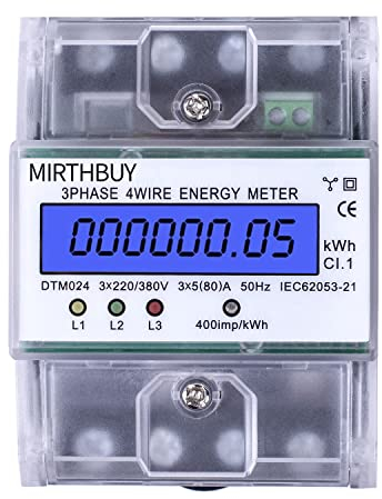 MIRTHBUY Digitaler Stromzähler mit LCD, 3-Phasen 4-Draht, Geeicht Stromzähler,Wechselstromzähler, Drehstromzähler für DIN Hutschiene Zwischenzähler Strom Geeicht 230/400V, 5-80A