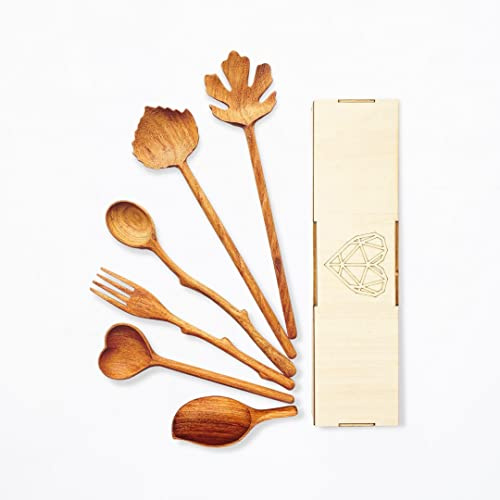 Cucharas de madera natural para cocinar con caja de regalo de madera (juego de 6) regalos para mujeres utensilios de alimentación de madera regalos para esposa utensilios de cocina regalos para mamá