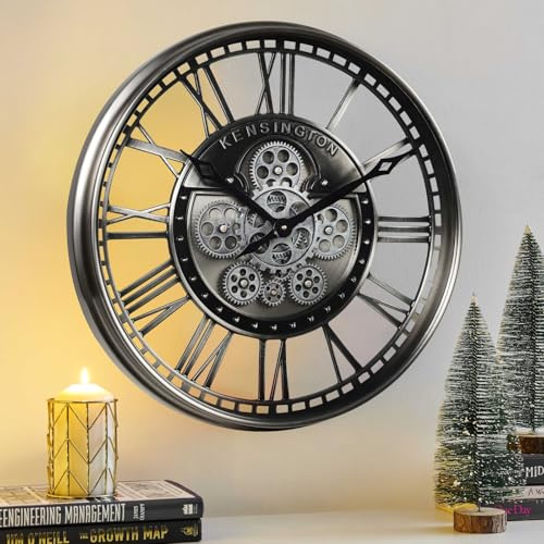 CLXEAST Moderne Wanduhr mit beweglichen Zahnrädern, 53,3 cm, für Wohnzimmer, industrielle Steampunk-Uhren für Bauernhaus, Heimdekoration, römische Ziffern, Rotguss-Nickel-Finish