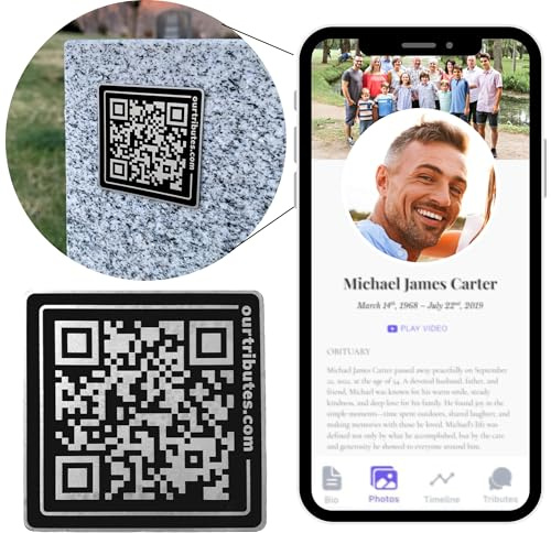 Our Tributes Gedenk-Webseite und QR-Gedenktafel für Friedhof, Grabstein, Grabmarker, Trauergeschenke für den Verlust eines geliebten Menschen; Sammeln Sie Erinnerungen, Fotos, Nachrichten von