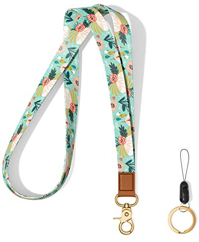 Hsxnam Umhängeband mit Schlüsselband, langer Schlüsselband, für Damen und Herren, Autoschlüssel, Ausweise, Karten, Brieftasche, Telefon, Kamera, Grün/Blumen, Large
