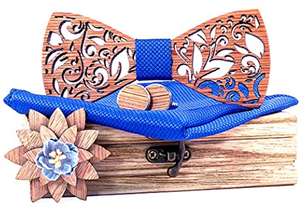 RQPYQF Ensemble de 4 Pièces Noeud Papillon en Bois, Boutons de Manchette, Broche et Carré de Poche - Fait Main, Accessoire Mode (Style#28)