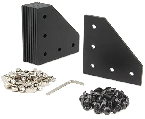 Yeebyee 3030 Corner Metal Bracket Plate L Shape 5 Hole 90 Degree Outside Joining Plate with M6x10mm Screws and T-Nuts for 30 x 30mm Series Aluminum Extrusion Profile, 8pcs/Pack (Black-3030 L Shape)