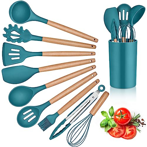 Herogo Kitchen Utensils Set with Holder, 10 Pieces Silicone Cooking Utensil with Wooden Handle, Heat Resistant & Non-Stick, Cooking Spatula Turner Tong Gadgets Utensil Set – Blue