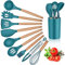 Herogo Juego de utensilios de cocina con soporte, 10 utensilios de cocina de silicona con mango de madera, resistente al calor y antiadherente, juego de utensilios de cocina - Azul