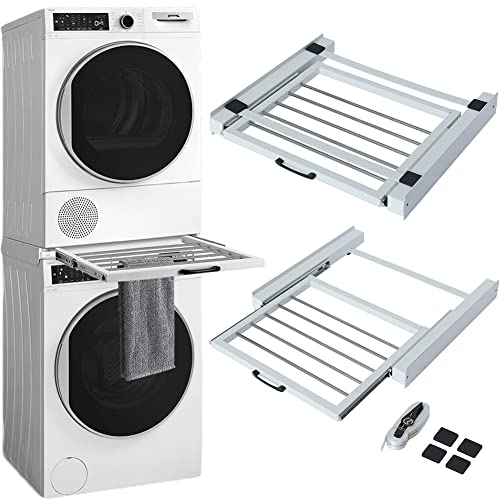 Kit di Congiunzione per Lavatrice e Asciugatrice, Supporto Universale di Sovrapposizione Salvaspazio, con Stendino Estraibile, Cinghia di Sicurezza e Adesivi Antiscivolo, Telaio per Accatastamento