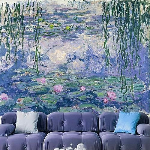 Monet Wandteppich für Schlafzimmer, Wasserlilien, Blumen, Ästhetik, große Kunst, Raumdekoration, Wandbehang, blaue Poster, Hintergrund für Wohnheim, Wohnzimmer (130 x 152 cm)