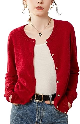 Valin Gilet Cachemire 95% Femme Col Rond Rouge Solide Couleur Tricoté Mince Manches Longues Fin Cardigan en Cachemire et Laine,44,SPR2248