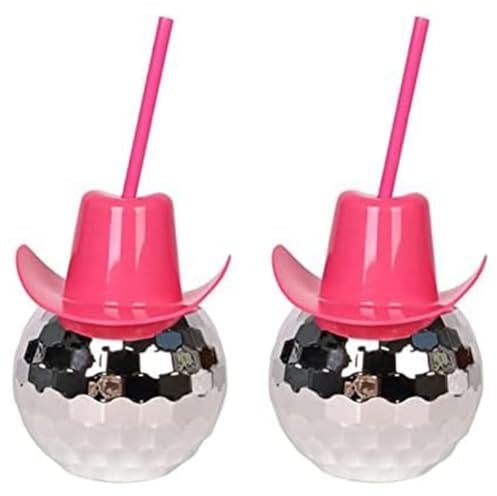 CRAKES 2Pcs Disco Ball Cups with Straw, Disco Flash Ball Cocktail Cup, Disco Cowboys Hat Cups, Flash Cocktail Cup Silver+Pink Easy to Use