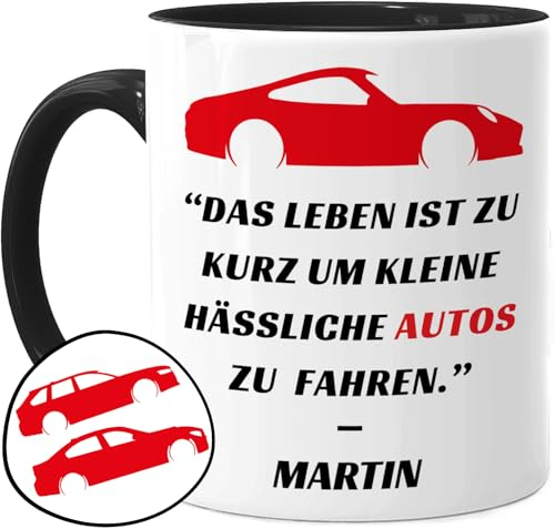Tassenliebling® Auto Tasse personalisiert - Schwarz - Das Leben ist zu kurz um hässliche Autos zu fahren - Lustiges Geschenk für Männer und Auto Fans - Keramik Kaffeetasse, Teetasse 330ml