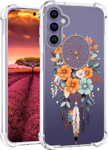 für S24 Hülle, Transparent Blume Muster Schutzhülle für Frauen Mädchen Kratzfeste Rückseite HandyHülle Case für Samsung Galaxy S24 (Rosa Traumfänger Blumen Federn)