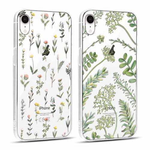 Yoedge 2 Stück Handyhülle für iPhone XR Hülle, Transparent Blätter Floral Blumen Muster Mädchen Aesthetic, Handyhülle Weich Silikon Slim Stoßfest Durchsichtig Schutzhülle für iPhone XR 6,1