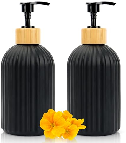 Ulable Glass Soap Dispensers - 400 ML/14Oz Pump Bottle Dispenser - Refillable Hand Soap Dispenser Bottle with Black Wooden Hoop Pump for Kitchen, Bathroom, Laundry Room (2 PCS Matte Black)