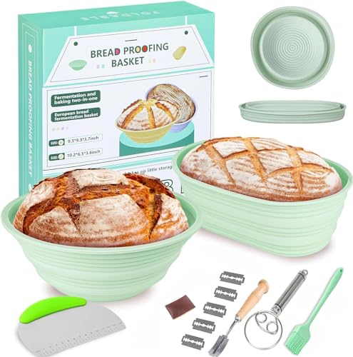 Silikonbanneton Brotkörbe, 9 -Zoll -runde und 10 -Zoll -ovale faltbare Sauerteig -Backkorb, komplettes Set für Brotherstellung mit wesentlichen Werkzeugen, einfach zu reinigen und zu lagern