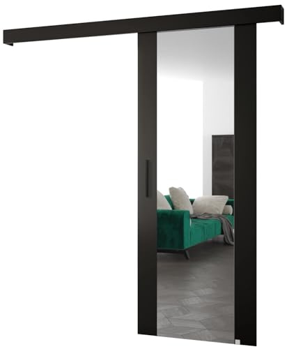 ABIKSMEBLE Salwador 2 Système de Porte Coulissante avec un Cache Rail et Miroir - Portes Coulissantes Murales Intérieures - Construction Solide - 80x204cm - Noir Noir Noir