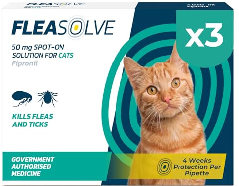 Cat Flea Treatment Spot On x 3 Pack - Flea Treatment Cat Spot On for Cats & Kittens Over 1kg - 3 Pipettes, 3 Doses - Fast-Acting FleaSolve Solution