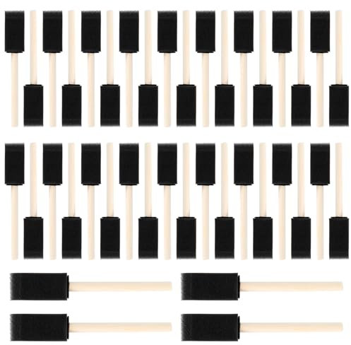 Sixfolo 40 Pieces 1 Inch Foam Paint Brushes Sponge Brushes for Varnish Foam Brush Set Soft Sponge Paint Brush with Wood Handle and Beveled Head for Painting Varnish Craft Stain,Black