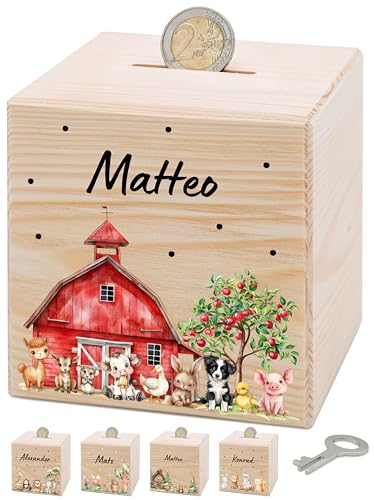 Bärenfreunde® - Personalisierte Spardose Kinder aus Holz mit Metallschloss - Spardose mit Namen mit kinderfreundlichem UV-Druck zum Sparen für Kinderträume (Bauernhof Tiere)