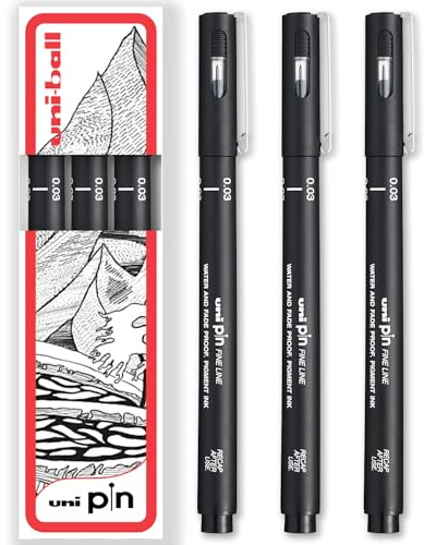 Uni Pin Fineliner Zeichenstift, schwarze Tinte, in Geschenkbox, 3 Stück, 0,03 mm