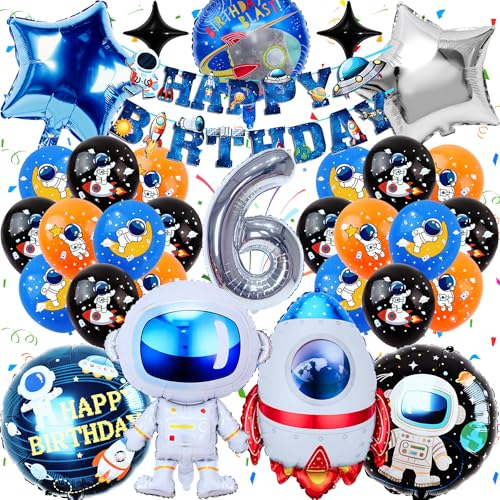 32 Stück Weltraum Geburtstagsdeko Set, Gozuein Weltraum Luftballon Deko Kindergeburtstag Set 6 Jahre, Weltraum Deko Folienballon, 3D Astronauten Raketen Ballon Geburtstag Banner Fete Kit Jungen