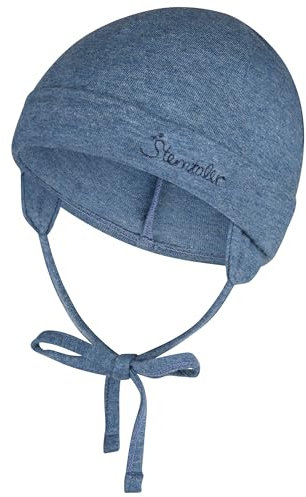 Sterntaler OCS Beanie mit Umschlag – Mütze aus Melange-Singlejersey (Bio) mit Ohrenklappen, Bindeband & Stickmotiv – Unisex Baby Übergangsmütze – Tintenblau, Gr. 39