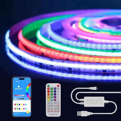 Fosingut RGB+IC USB COB LED Streifen 2m, 5V RGB Smart IC Farbwechsel LED Strip Pixeladressierbare,Musik Sync Dimmbar LED Band Lichterkette Lichtleiste mit Fernbedienung für TV,Party,Zimmer DIY Deko