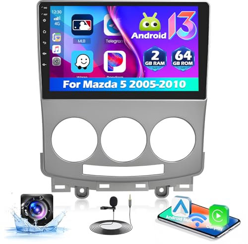 Hikity 2+64G Android Autoradio für Mazda 5 2005-2010 Wireless Carplay Android Auto, 9 Zoll Autoradio mit Bildschirm Navi Bluetooth EQ FM/RDS USB Rückfahrkam