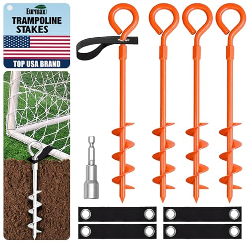 Eurmax USA Robuste Erdspieße und Anker, kommerzielle spiralförmige Trampolinpfähle mit verstärkten Spanngurten, hohe Windstabilisierung für Vordächer, Outdoor-Schuppen, Schaukel-Sets (Orange), 4 Stück
