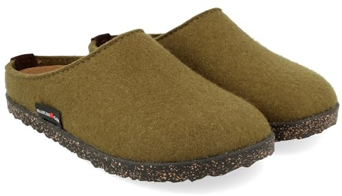 HAFLINGER Manhattan Filzpantoffeln im schlichten Design mit Ledersohle unisex (Olivgrün 116), Gr. 44