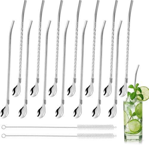 14-Piece Stainless Steel Drinking Straw & Spoon Set, 2-in-1 Reusable Metal Straws with Spoons, 2 Cleaning Brushes, for Smoothies, Milkshakes & Coffee Stirrer (Silver)