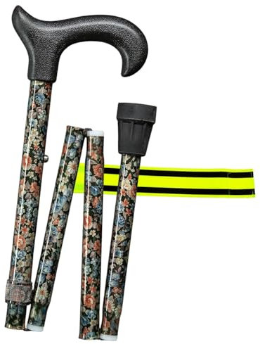 Gehstock Faltstock 4-teiliger höhenverstellbar faltbar Uni-Ergonomic Blumen Bukett – aus Aluminium mit ergonomischem Derby-Griff + Olanmarp Klettarmband mit Streifen