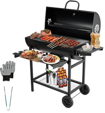 TEENO Chariot à Barbecue de Bois,Grill XXL à Charbon avec Couvercle, Thermomètre,Tiroir à Cendres,Gants anti-brûlures, Évent Réglable,Grand Barbecue au Charbon de Bois