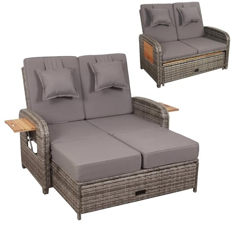 Panana 4-in-1 Rattan Garden Loveseat Daybed with Storage Ottoman, 2 Seater Outdoor Sofa Sun Lounger with Adjustable Backrest, Acacia Wood Side Trays, Grey Patio Furniture Set for Balcony Terrace