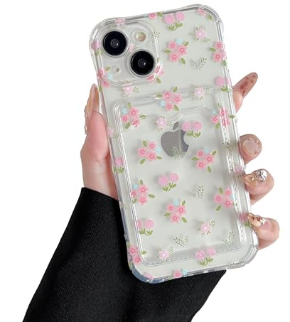 DEFBSC Compatible with iPhone 13, Transparent Back Card Holder Phone Case, Ultra Slim Soft TPU Shockproof Clear Case with Card Slot for Back of Phone, Floral Pattern Design, Small Flower