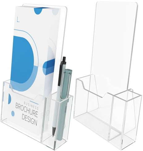 NiOffice 2 Stück Flyerständer DIN Lang aus Klarem Acryl mit Stiftehalter, Prospekthalter Tischaufsteller für DL Flyer & DIN A6 Postkarten, Prospektständer für Schreibtisch oder Empfangsbereich