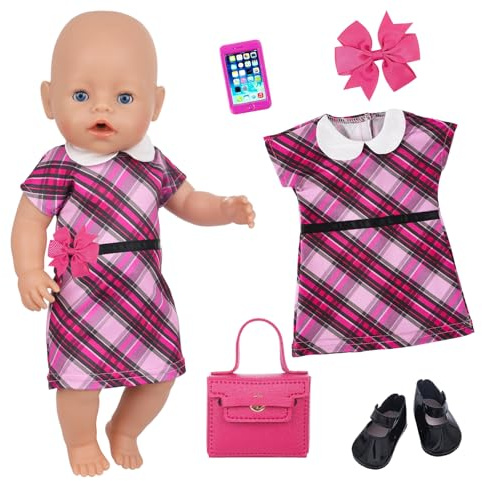 5 Stück Puppenkleidung 12-18 Zoll New Born Baby Puppen，43cm Mode Kleidung Outfits für Baby Puppen Rose Karierter Rock Haarnadel mit Schleife Handtasche Schuhe Smartphone-Imitat Geschenke für Mädchen