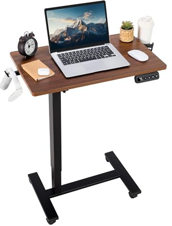 Fromann Laptoptisch, höhenverstellbar, mit Rollen höhenverstellbarer Schreibtischaufsatz, vielseitiger Rolltisch mit Becherhalter für Sofa, Bett, Laptop, c-förmiger Couchtisch mit Holzplatte (Walnuss)