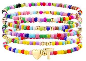 TINGN 5 Stück Bunte Perlen Armband Damen Mädchen Handgefertigt Perlen Armband mit Buchstaben Boho Herz Armbänder Stapelbare Armbänder Set Personalisierte Geschenke für Frauen Teenager Mädchen Schmuck