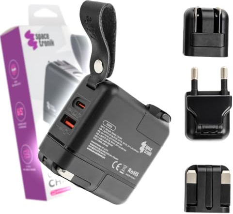 Spacetronik 65W GaN USB-C Ladegerät mit 4 Reiseadaptern EU/UK/US/AU | Schnellladegerät kompatibel mit MacBook, iPad, iPhone, Samsung Galaxy, Laptop und mehr