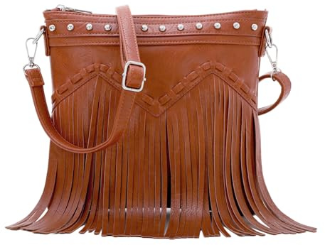 Fecialy Fringe Umhängetasche mit Nieten Damen Vegane Leder-Tasche mit Quasten Schultertasche Western-Hobo-Handtasche
