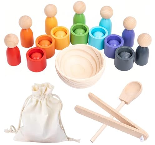 MFUSUL Montessori Holz Sortier Set,7 Regenbogen Bälle 30mm + 7 Tassen
