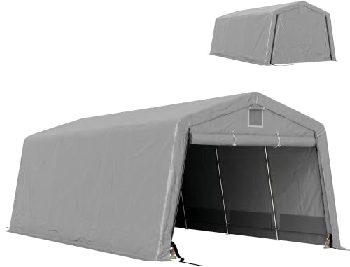 Outsunny Tendone da Giardino per Auto con 2 Finestre Laterali, Garage per Auto in Acciaio Zincato e PE 618x265/330x240 cm, Colore Grigio Chiaro
