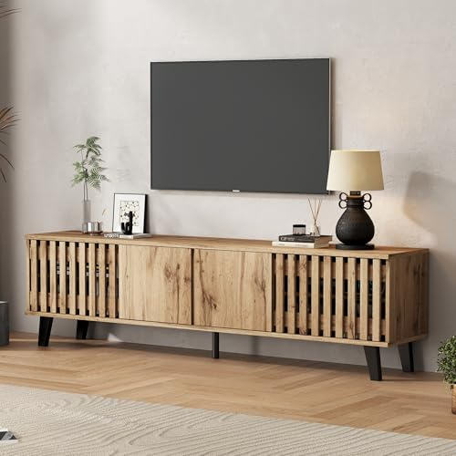 otamonkli Vintage TV Stand Cabinet with 4 Doors, TV Unit for 65 Inch TVs, Entertainment Center Storage Sideboard for Living Room Bedroom, Console Table with Grill Door, Wood