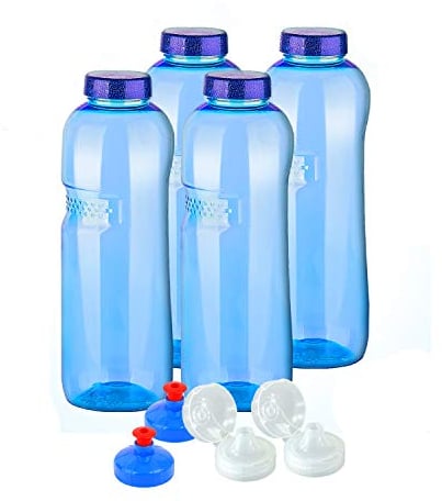 4 x Original Kavodrink Trinkflaschen aus TRITAN 100% ohne Weichmacher im Sparset: 4x1 Liter (rund) + 4 Standarddeckel + 2 Sportdeckel (FlipTop) + 2 Trinkdeckel (Push PULL)